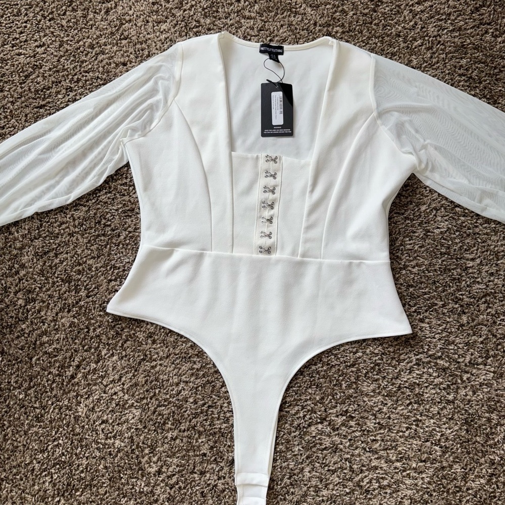 PrettyLittleThing White Bodysuit with Sheer Sleeves